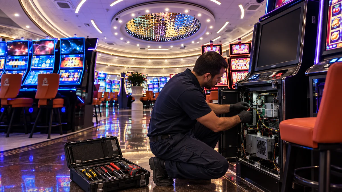 Recreación con IA de un técnico revisando una máquina en el interior de Casino Olympo